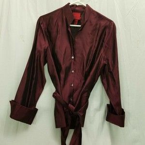 JS Collections shiny maroon satin blouse w Rhinestone Buttons women sz 12